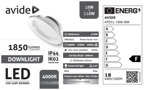 Avide LED Downlight Kerek IP44 18W 1850lm NW 4000K | BR (SKU:ATD1L-18W-NW) Spotlámpák Avide LED Downlight Kerek IP44 18W 1850lm NW 4000K | BR (SKU:ATD1L-18W-NW) Spotlámpák