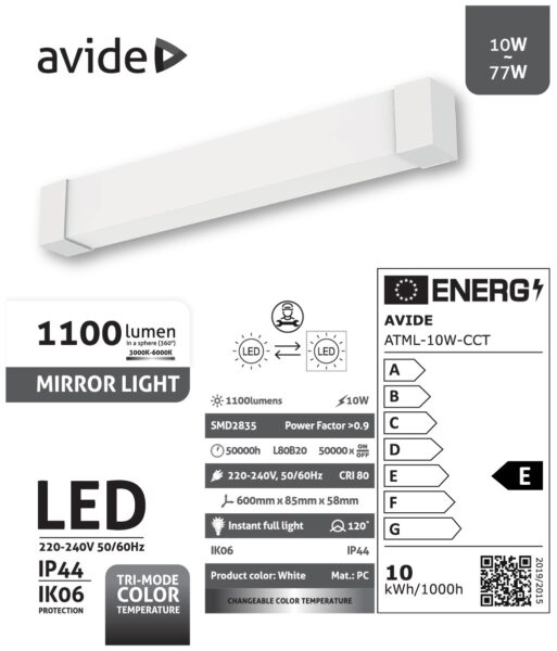 Avide LED Tükörvilágító Lámpa 600mm 10W 1100lm IP44 CCT | BR (SKU:ATML-10W-CCT) Tükörvilágító Avide LED Tükörvilágító Lámpa 600mm 10W 1100lm IP44 CCT | BR (SKU:ATML-10W-CCT) Tükörvilágító