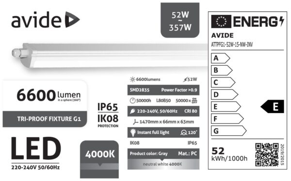 Avide LED PPBK G1 52W 6600lm NW 4000K 1500mm + Inverter | BR (SKU:ATTPFG1-52W-15-NW-INV) Lámpatestek Avide LED PPBK G1 52W 6600lm NW 4000K 1500mm + Inverter | BR (SKU:ATTPFG1-52W-15-NW-INV) Lámpatestek