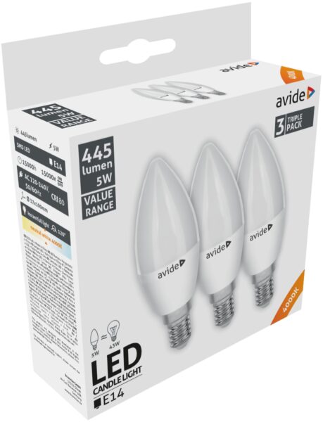 Avide Value LED Candle E14 5W WW 3000K Triple Pack | BR (SKU:AVC14WW2-5W-3P) LED izzók