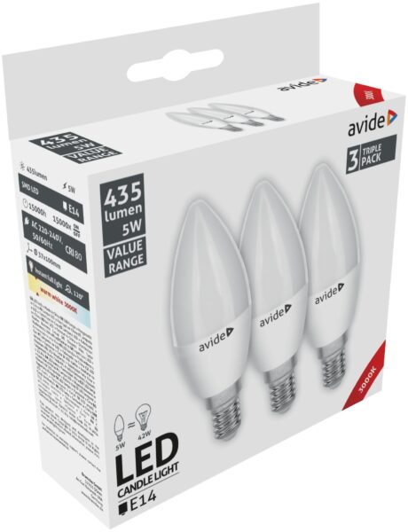 Avide Value LED Candle E14 5W WW 3000K Triple Pack | BR (SKU:AVC14WW2-5W-3P) LED izzók Avide Value LED Candle E14 5W WW 3000K Triple Pack | BR (SKU:AVC14WW2-5W-3P) LED izzók