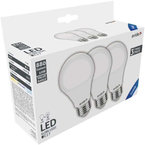 Avide Value LED Globe E27 10W CW 6400K Triple Pack *Sérült Csomagolás* | BR (SKU:AVG27CW-10W-3P-SCS) Gömb