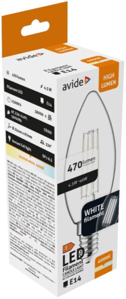 Avide LED White Filament Candle 4.5W E14 WW 2700K | BR (SKU:AWLFC14WW-4.5W) LED izzók