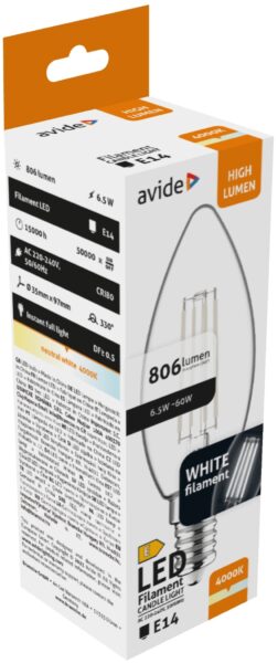 Avide LED White Filament Candle 6.5W E14 NW 4000K | BR (SKU:AWLFC14NW-6.5W) LED izzók
