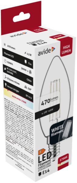 Avide LED White Filament Candle 4.5W E14 WW 2700K | BR (SKU:AWLFC14WW-4.5W) LED izzók Avide LED White Filament Candle 4.5W E14 WW 2700K | BR (SKU:AWLFC14WW-4.5W) LED izzók