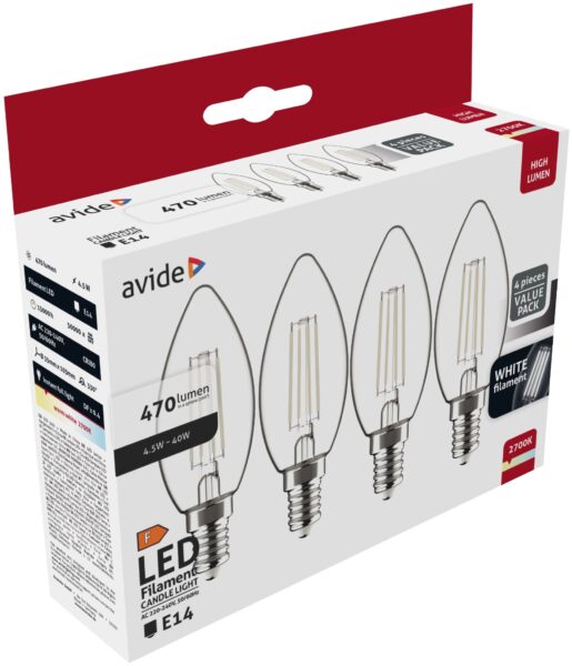 Avide LED White Filament Candle 4.5W E14 WW 2700K – 4er | BR (SKU:AWLFC14WW-4.5W-4ER) LED izzók Avide LED White Filament Candle 4.5W E14 WW 2700K – 4er | BR (SKU:AWLFC14WW-4.5W-4ER) LED izzók