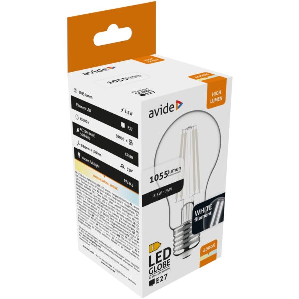 Avide LED White Filament Globe 8.5W E27 NW 4000K | BR (SKU:AWLFG27NW-8.5W) Gömb