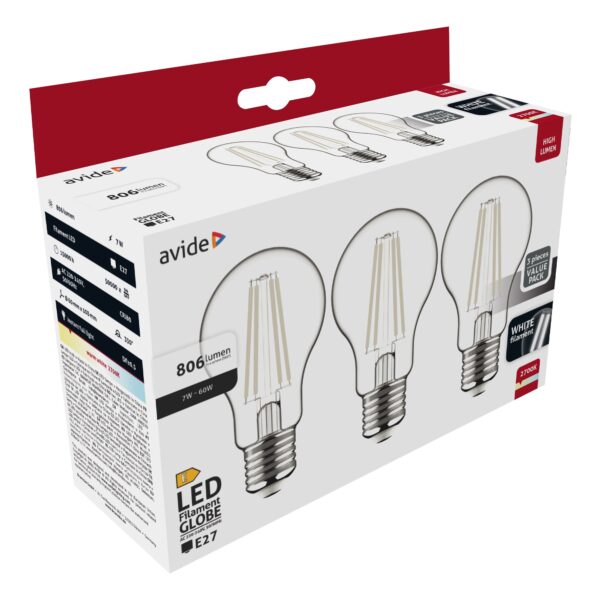 Avide LED White Filament Globe 7W E27 WW 2700K-3er | BR (SKU:AWLFG27WW-7W-3ER) Gömb