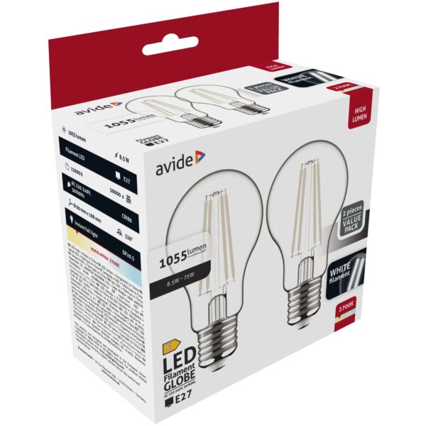 Avide LED White Filament Globe 8.5W E27 WW 2700K-2er | BR (SKU:AWLFG27WW-8.5W-2ER) Gömb