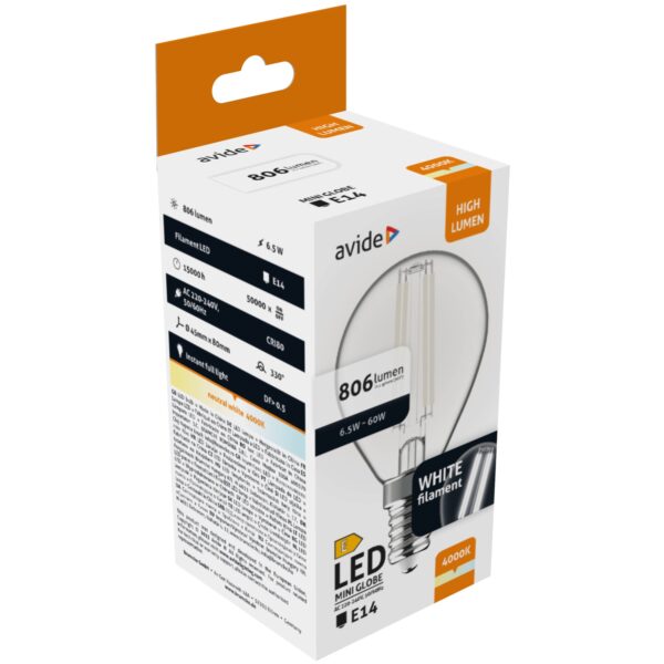 Avide LED White Filament Mini Globe 6.5W E14 NW 4000K | BR (SKU:AWLFMG14NW-6.5W) Mini Gömb