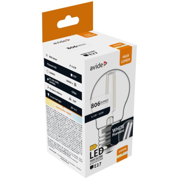 Avide LED White Filament Mini Globe 6.5W E27 NW 4000K | BR (SKU:AWLFMG27NW-6.5W) Egyéb Avide LED White Filament Mini Globe 6.5W E27 NW 4000K | BR (SKU:AWLFMG27NW-6.5W) Egyéb