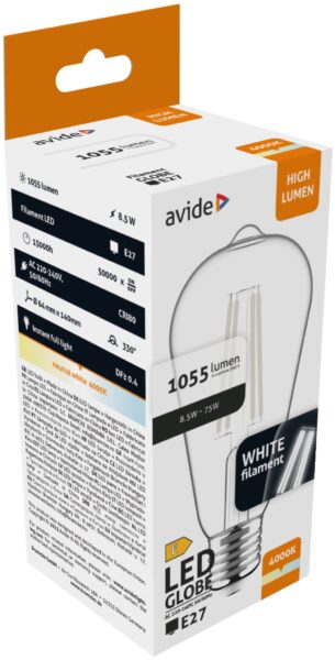 Avide LED White Filament ST64 8.5W E27 NW 4000K | BR (SKU:AWLFST64NW-8.5W) LED izzók