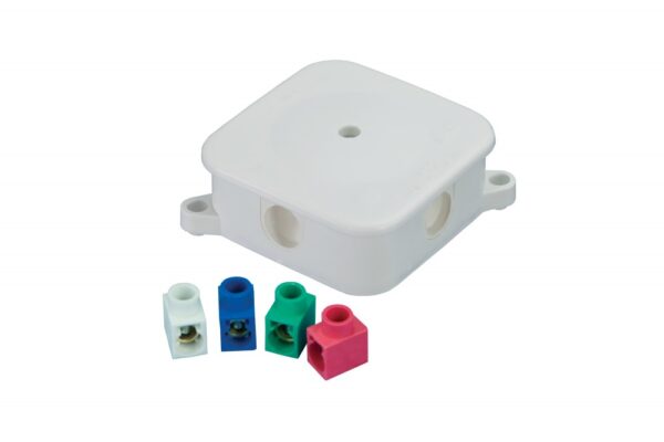 Falon kívüli kötődoboz, P-2, 4×2,5mm² több színű csatlakozóval, 4 bevezetéssel, 72x72x28mm, IP44 Kötődobozok Falon kívüli kötődoboz, P-2, 4×2,5mm² több színű csatlakozóval, 4 bevezetéssel, 72x72x28mm, IP44 Kötődobozok