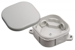 Halogénmentes, szürke tűzhelycsatlakozó, 4 bevezetéssel, terminál nélküli, 92x92x44mm, IP54 Szerelvénydobozok, kötődobozok, tartozékok