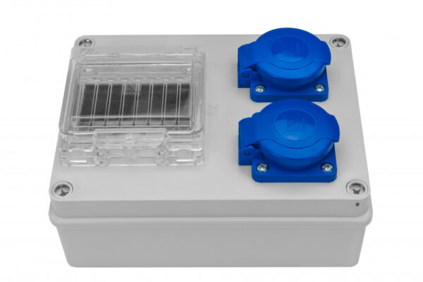 R-BOX 190, 2x230V + átlátszó üveg 4 modul; IP44 Ipari elosztódobozok, oszlopok, kábeldobok