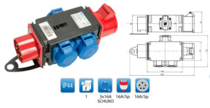 R-BOX MINI ipari elosztó-csatlakozóaljzat, 1x16A/5p dugvilla, 1x16A/5p aljzat, 3x250V Ipari elosztódobozok, oszlopok, kábeldobok