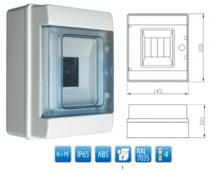 Vízmentes lakáselosztó, N+PE sínnel, 4 modul, IP65 Lakáselosztók, szekrények