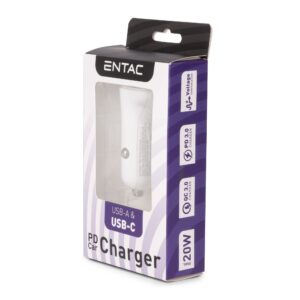 Entac autós gyorstöltő PD & QC, USB + USB-C, 20W, fehér | BR (SKU:ECC-PDCQCA-5V-12V-W) Töltők, adapterek