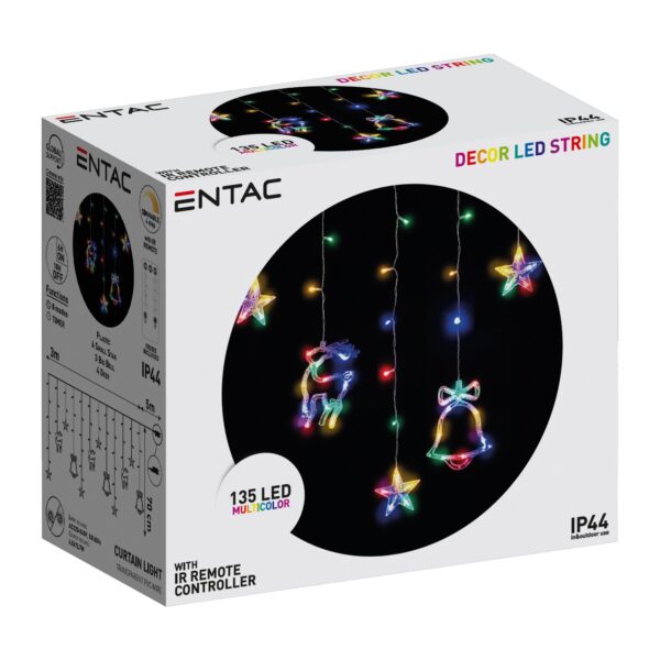 Entac Karácsonyi Függöny IP44 Színes 135 LED 12db Dísz Csengő és Rénszarvas 8F + időzítő 3×0,7m IR távirányítóval | BR (SKU:ECCL-135MC-BD) Függöny, háló