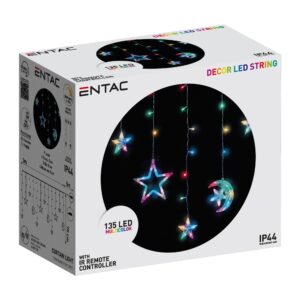 Entac Karácsonyi Függöny IP44 Színes 135 LED 12db Dísz Csillag és Hold 8F + időzítő 3×0,7m IR távirányítóval | BR (SKU:ECCL-135MC-SM) Függöny, háló