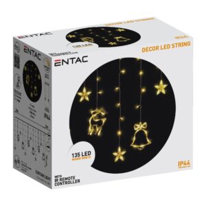Entac Karácsonyi Függöny IP44 WW 135 LED 12db Dísz Csengő és Rénszarvas 8F + időzítő 3×0,7m IR távirányítóval | BR (SKU:ECCL-135WW-BD) Függöny, háló