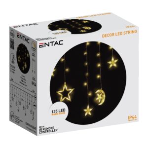 Entac Karácsonyi Függöny IP44 WW 135 LED 12db Dísz Csillag és Hold 8F + időzítő 3×0,7m IR távirányítóval | BR (SKU:ECCL-135WW-SM) Függöny, háló