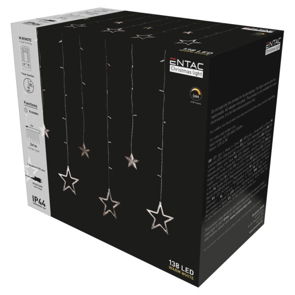 Entac Karácsonyi Függöny IP44 138 LED 12db csillag 8F + időzítő 2x1m IR távirányítóval | BR (SKU:ECCL-138-SS-2X1) Függöny, háló