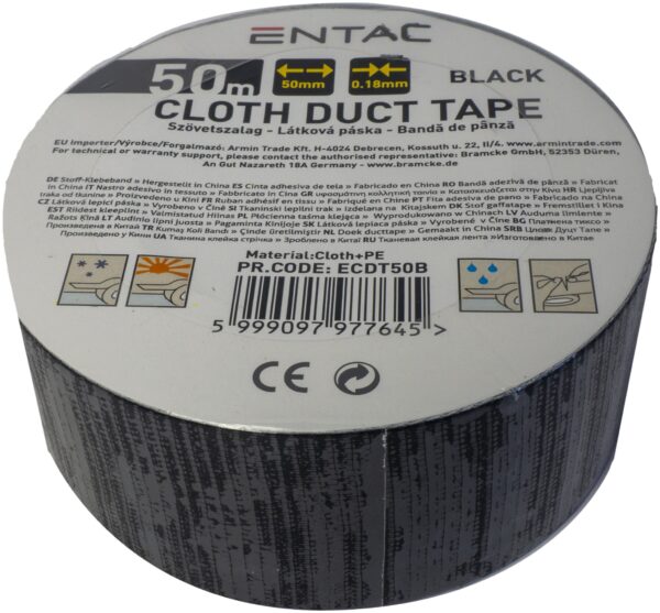 Entac Szövet erősítésű szalag 0.18x50mm Fekete 50m | BR (SKU:ECDT50B) Ragasztó- és javítószalagok Entac Szövet erősítésű szalag 0.18x50mm Fekete 50m | BR (SKU:ECDT50B) Ragasztó- és javítószalagok
