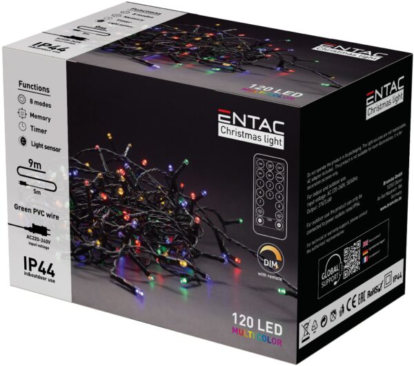 Entac Karácsonyi IP44 120 LED Füzér Színes 9m Távirányítóval | BR (SKU:ECL-120-MC-IR) Kültéri füzér Entac Karácsonyi IP44 120 LED Füzér Színes 9m Távirányítóval | BR (SKU:ECL-120-MC-IR) Kültéri füzér