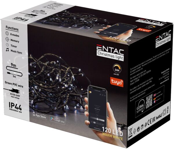 Entac Karácsonyi IP44 120 LED Füzér WW 9m Tuya APP | BR (SKU:ECL-120-TY-WW) Világítás