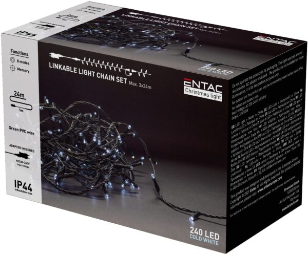 Entac Karácsonyi IP44 240 LED Sorolható Füzér CW 24m szett adapterrel | BR (SKU:ECL-240-CW-LSA) Kültéri füzér