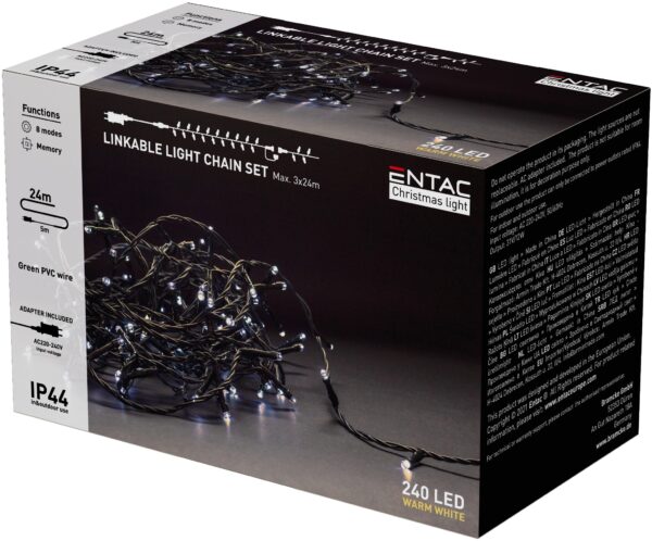 Entac Karácsonyi IP44 240 LED Sorolható Füzér WW 24m szett adapterrel | BR (SKU:ECL-240-WW-LSA) Világítás