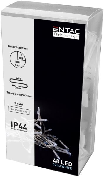 Entac Karácsonyi IP44 Füzér 48 LED Időzítővel CW 4m (3AA) | BR (SKU:ECL-48CW-T) Kültéri füzér