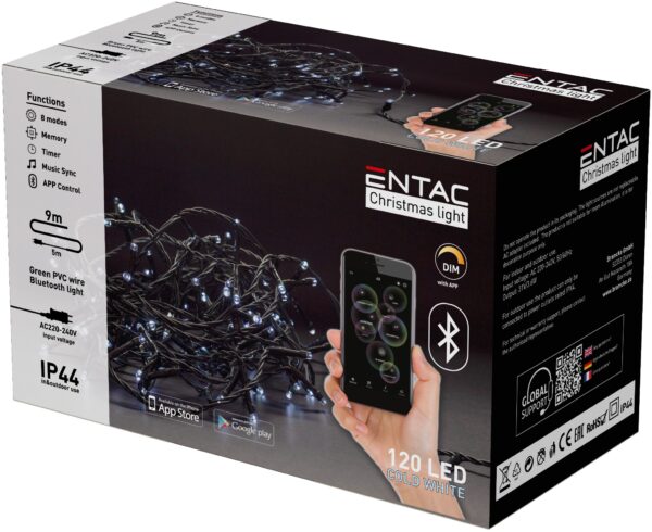 Entac Karácsonyi IP44 Fényfüzér 120 LED CW 9m BT aplikáció | BR (SKU:ECL-BT-120CW) Kültéri füzér Entac Karácsonyi IP44 Fényfüzér 120 LED CW 9m BT aplikáció | BR (SKU:ECL-BT-120CW) Kültéri füzér