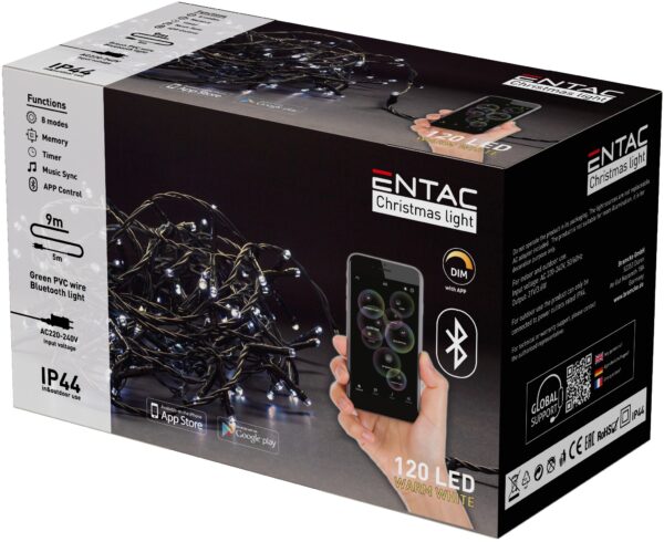 Entac Karácsonyi IP44  Fényfüzér 120 LED WW 9m BT aplikáció | BR (SKU:ECL-BT-120WW) Kültéri füzér
