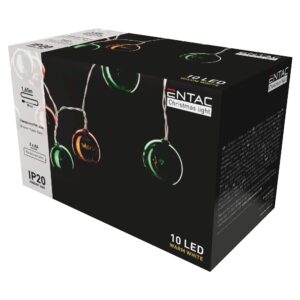 Entac Karácsonyi Beltéri Színes Gömb 55mm Füzér 10 LED WW 1,65m (2AA nt.) | BR (SKU:ECL-CCBD-10WW) Beltéri füzér