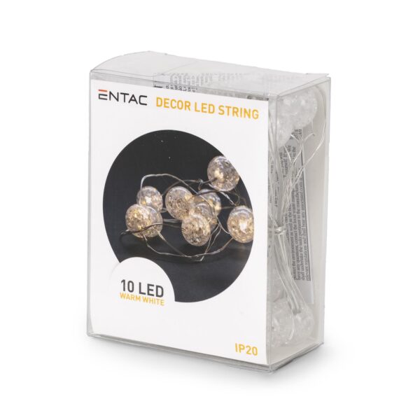 Entac Karácsonyi Beltéri Füzér Áttetsző Műanyag golyó 10 LED WW 1,3m (2AA nt.) | BR (SKU:ECL-CPB-10WW) Beltéri füzér