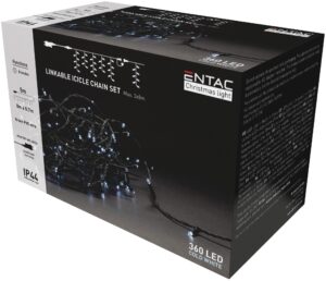 Entac Karácsonyi IP44 360 LED Sorolható Jégcsapfüzér CW 8m szett adapterrel | BR (SKU:ECL-I360CW-LSA) Kültéri füzér