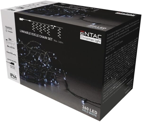 Entac Karácsonyi IP44 360 LED Sorolható Jégcsapfüzér CW 8m szett adapterrel | BR (SKU:ECL-I360CW-LSA) Kültéri füzér