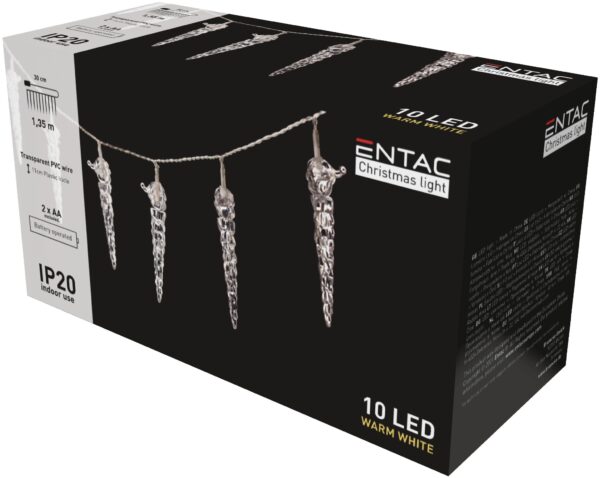 Entac Karácsonyi Beltéri Műanyag Jégcsap 11cm 10 LED 1,65m (2AA nt.) | BR (SKU:ECL-ICI-10WW) Beltéri füzér