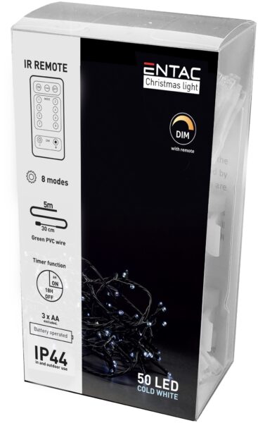 Entac Karácsonyi IP44 Fényfüzér 50 LED CW 5m IR Távirányítóval (3AA nt.) | BR (SKU:ECL-IR-50CW) Kültéri füzér Entac Karácsonyi IP44 Fényfüzér 50 LED CW 5m IR Távirányítóval (3AA nt.) | BR (SKU:ECL-IR-50CW) Kültéri füzér