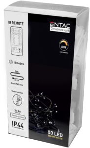 Entac Karácsonyi IP44 Fényfüzér 50 LED WW 5m IR Távirányítóval (3AA nt.) | BR (SKU:ECL-IR-50WW) Kültéri füzér