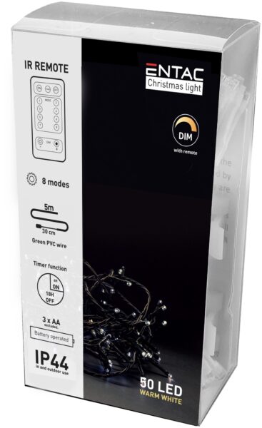 Entac Karácsonyi IP44 Fényfüzér 50 LED WW 5m IR Távirányítóval (3AA nt.) | BR (SKU:ECL-IR-50WW) Kültéri füzér