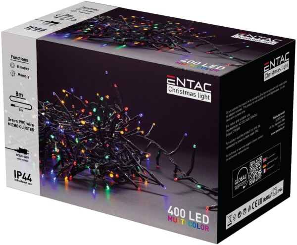 Entac Karácsonyi IP44 400 LED Fürtös Fénysor Színes 8m | BR (SKU:ECL-M400-MC) Kültéri füzér