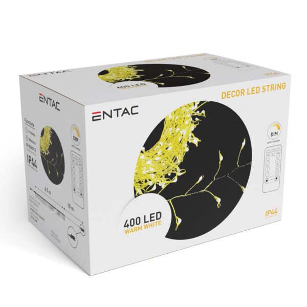 Entac Karácsonyi IP44 400 LED Fürtös Arany Drótfüzér WW 6.7m | BR (SKU:ECL-MG400WW-FS) Kültéri füzér