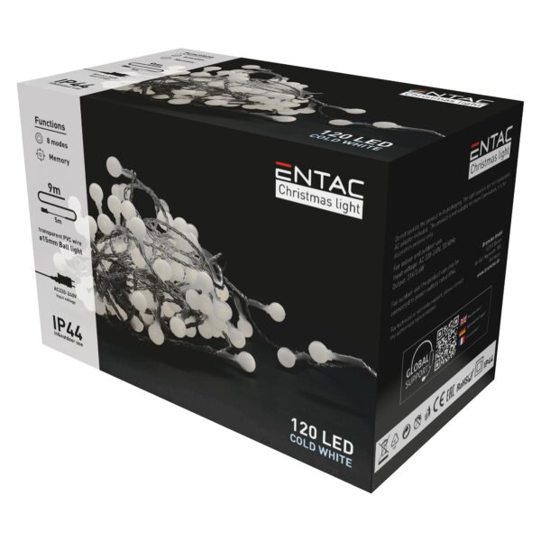 Entac Karácsonyi IP44  Fényfüzér 15mm Balls 120 LED 9m CW | BR (SKU:ECL-PPB-120CW) Kültéri füzér