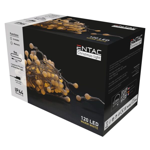 Entac Karácsonyi IP44  Fényfüzér 15mm Balls 120 LED 9m WW | BR (SKU:ECL-PPB-120WW) Kültéri füzér