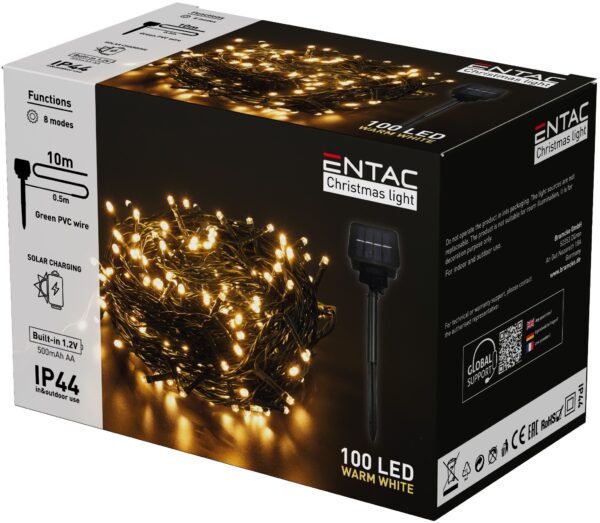 Entac Karácsonyi IP44 100 LED Füzér WW 10m Leszúrható Napelemes Konzollal | BR (SKU:ECL-S100-WW) Kültéri füzér