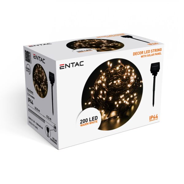 Entac Karácsonyi IP44 200 LED Füzér WW 20,4m Leszúrható Napelemes Konzollal | BR (SKU:ECL-S200-WW) Kültéri füzér