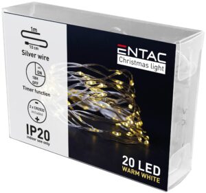 Entac Karácsonyi Beltéri Mini Drótfüzér 20 LED Időzítővel WW 1,1m (2×2032 tart.) | BR (SKU:ECL-S20WW-T) Beltéri füzér